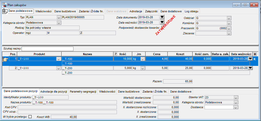 Okno Plan zakupów – korekta pozycji planu Okno Plan zakupów – korekta pozycji planu