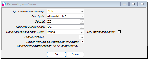 Generuj zamówienie – Parametry zamówień Generuj zamówienie – Parametry zamówień