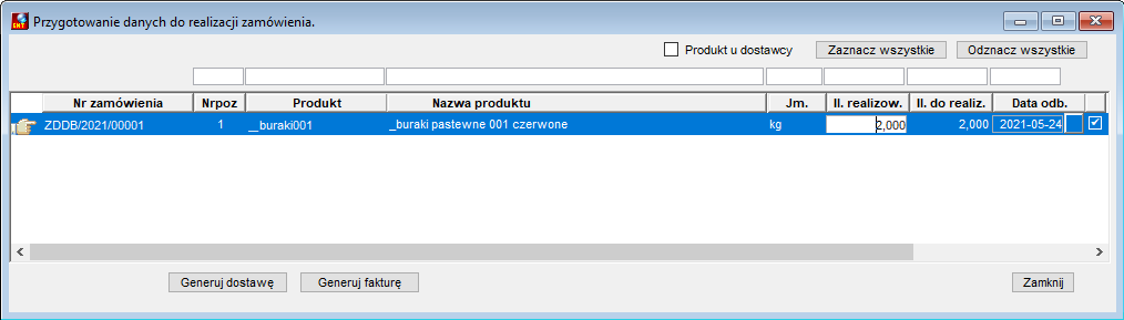 Okno Przygotowanie danych do realizacji zamówienia/umowy