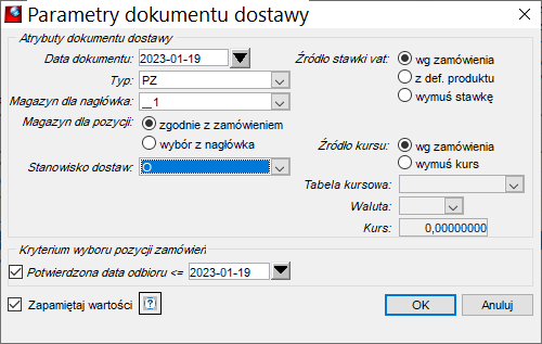 Generuj dostawę – Parametry dokumentu dostawy