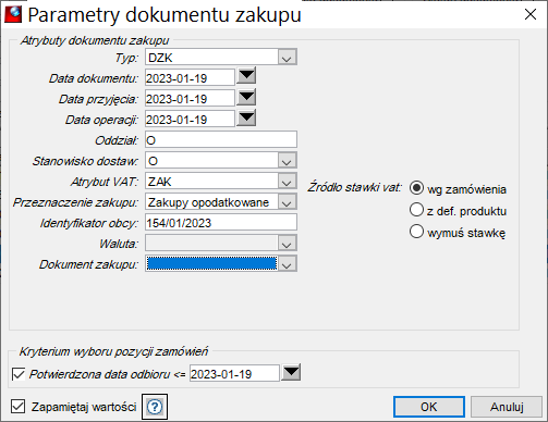 Generuj fakturę – Parametry dokumentu zakupu