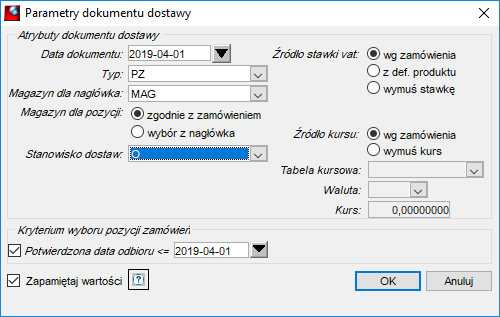 Generuj dostawę – Parametry dokumentu dostawy