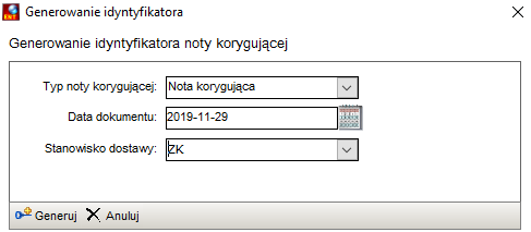 Parametry generowania identyfikatora noty korygującej