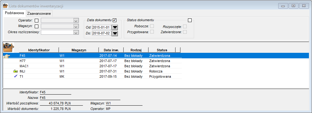Lista arkuszy inwentaryzacji- filtr podstawowy Lista arkuszy inwentaryzacji- filtr podstawowy