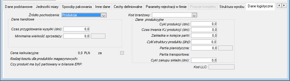 Produkty - zakładka Dane logistyczne