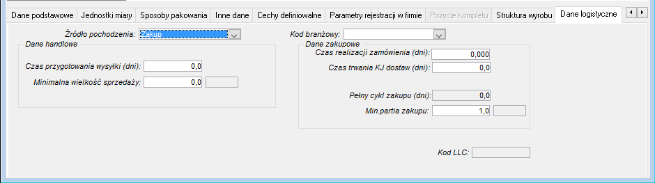 Produkt - zakładka Dane logistyczne, zakup