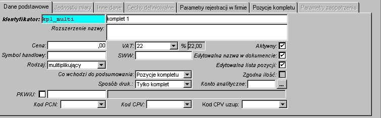 Produkt-Komplet - zakładka Dane podstawowe