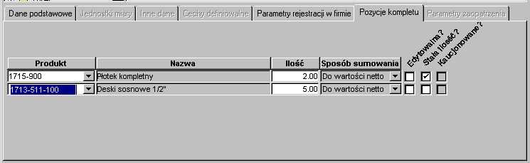 Zakładka Pozycje kompletu