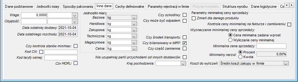 Produkt - zakładka Inne dane