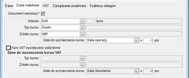 Typy dokumentów zakupu – Dane walutowe