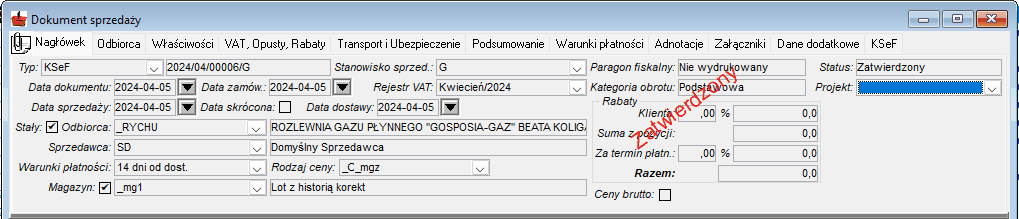 Nagłówek dokumentu sprzedaży Nagłówek dokumentu sprzedaży