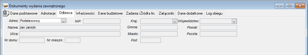 Dokument wydania zewnętrznego – dane odbiorcy