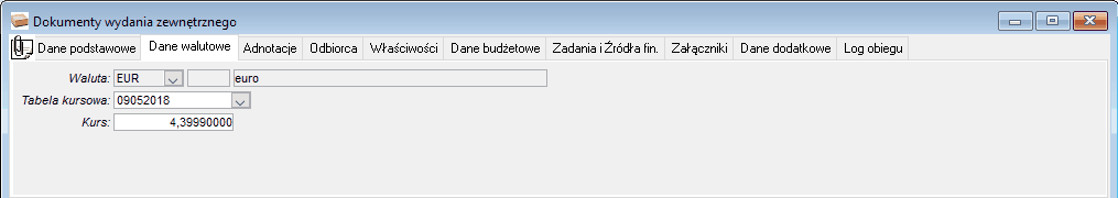 Dokument wydania zewnętrznego – zakładka dane walutowe