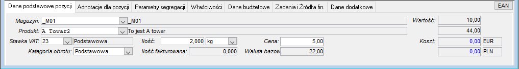 Dokument wydania zewnętrznego – dane podstawowe pozycji