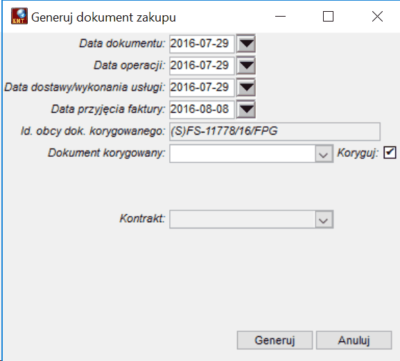 Generowanie korekty dokumentu zakupu Generowanie korekty dokumentu zakupu