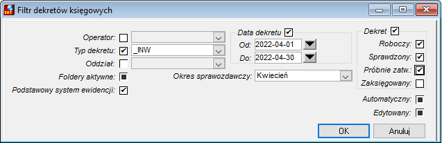 Filtr dekretów księgowych Filtr dekretów księgowych
