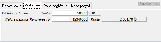 Pozycja dokumentu bankowego walutowego z walutą transakcji – dane walutowe