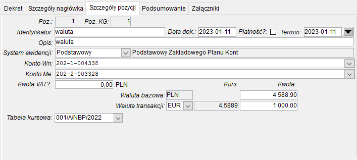 Szczegóły pozycji, dialog Konto – Kwota Wn – Kwota Ma
