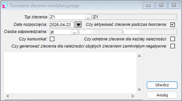 Okno Twórz zlecenie windykacji