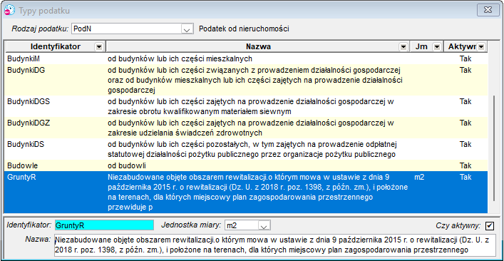 Okno Typy podatków