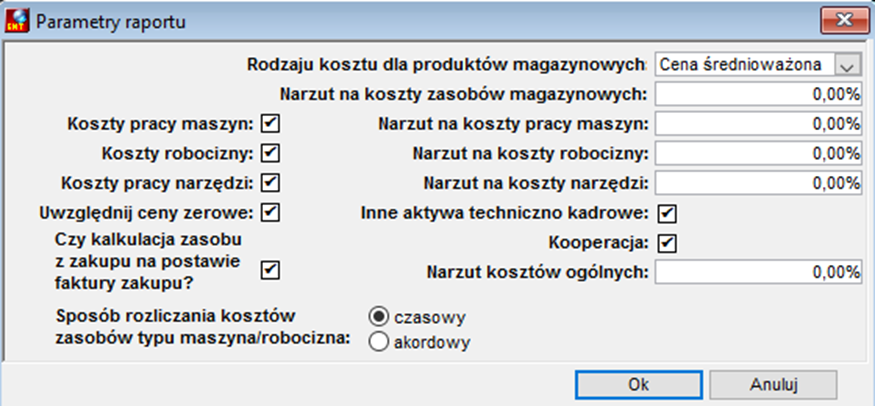 Parametry raportu kalkulacji kosztów zlecenia Parametry raportu kalkulacji kosztów zlecenia