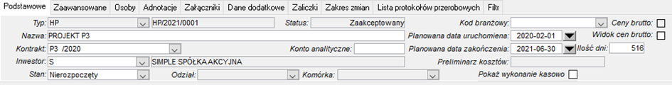Zakładka Podstawowe Harmonogramu sprzedaży