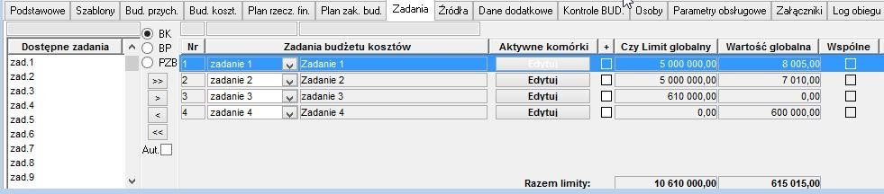Okno Budżet w okresach - zakładka Zadania