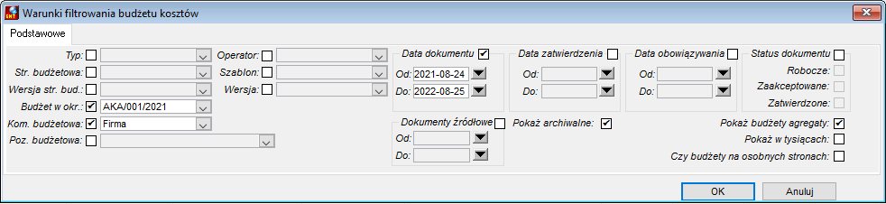 Filtr na dokumentach budżetu kosztów