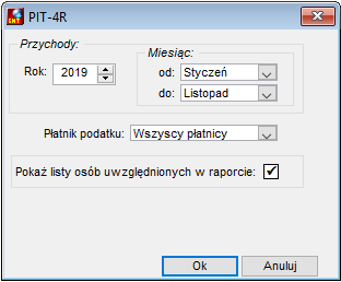 Okno uruchomienia raportu Zestawienie przychodów wg PIT-4R Okno uruchomienia raportu Zestawienie przychodów wg PIT-4R