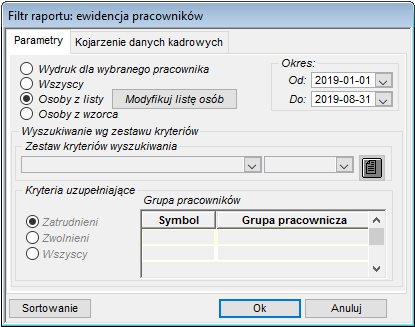 Zakładka Parametry do raportu Ewidencja pracy w szczególnych warunkach lub o szczególnym charakterze