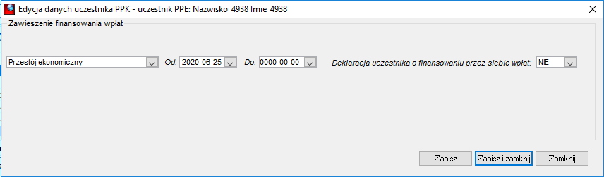 Okno dodawania i edycji danych o zawieszeniu finansowania wpłat na PPK