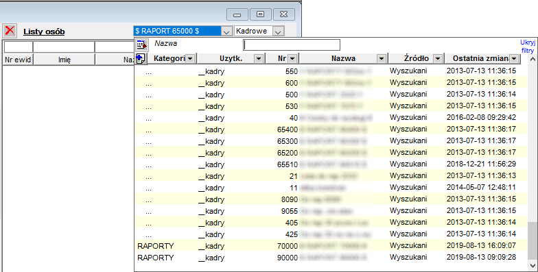 Fragment okna Listy osób - okno wyboru Listy osób do wyświetlenia i przechodzenia do edycji nagłówków list osób Fragment okna Listy osób - okno wyboru Listy osób do wyświetlenia i przechodzenia do edycji nagłówków list osób