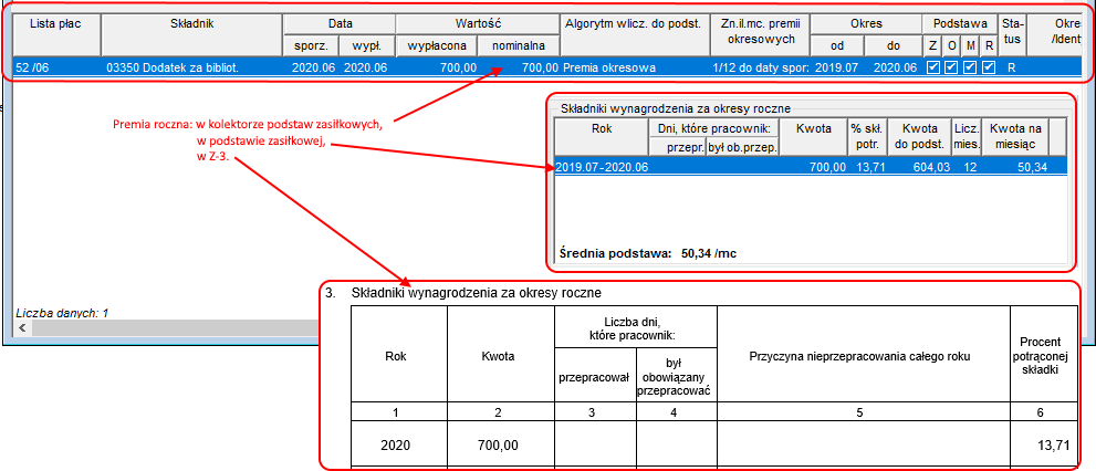 Prezentacja Premii okresowej->1/12 do daty sporz.listy płac w podstawach zasiłkowych i w Z-3