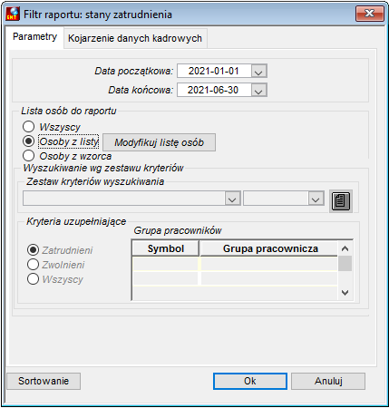 Zakładka Parametry raportu Stany zatrudnienia, w tym grupy niepełnosprawności Zakładka Parametry raportu Stany zatrudnienia, w tym grupy niepełnosprawności