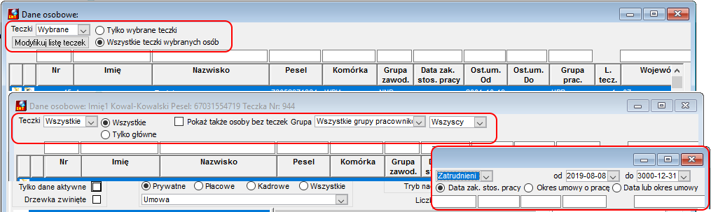 Okno Dane osobowe - widok górnej części okna->teczki wybrane