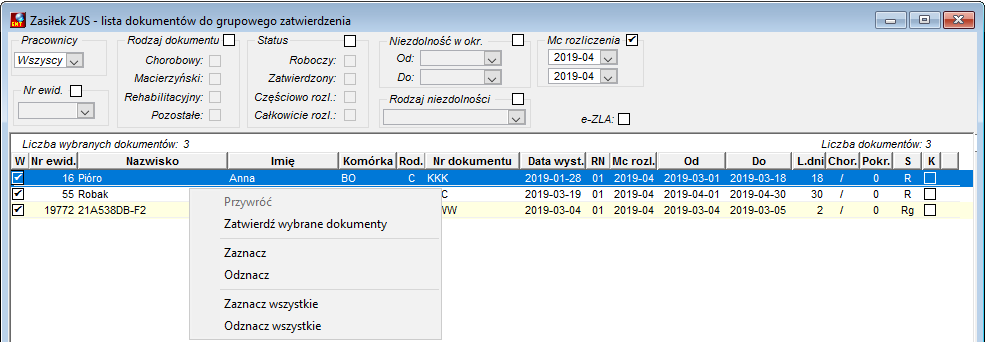 Okno grupowego zatwierdzania nieobecności rozliczanych w ZUS
