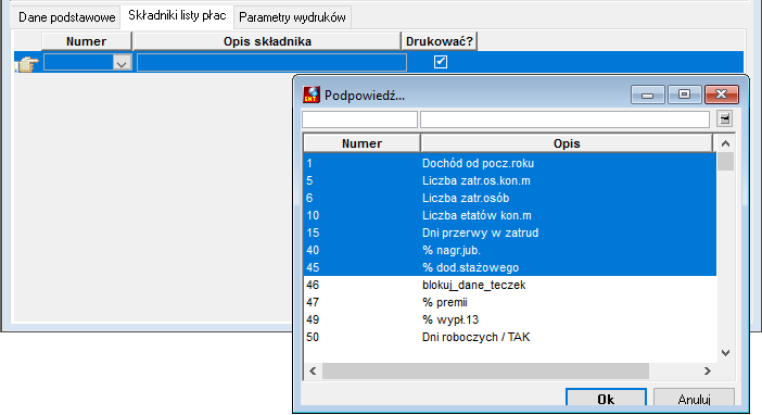 Szablony list płac->Składniki listy płac - dodawanie składników do szablonu Szablony list płac->Składniki listy płac - dodawanie składników do szablonu