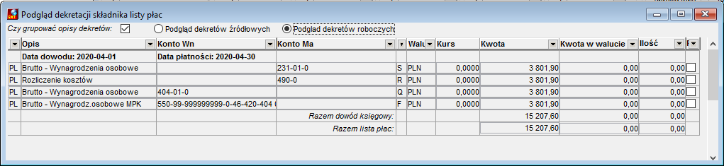Okno Podgląd dekretu dla składnika Okno Podgląd dekretu dla składnika