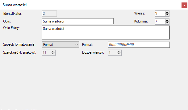 Okno Właściwości elementu raportu->Suma wartości