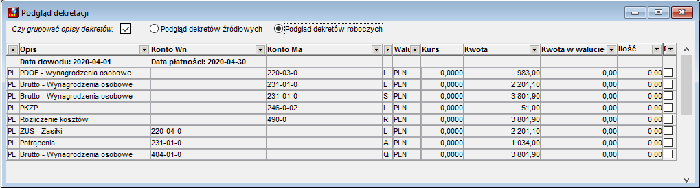 Okno podgląd dekretu dla pracownika Okno podgląd dekretu dla pracownika