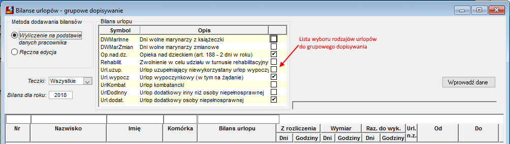 Fragment okna grupowego dopisywania bilansów urlopów - wybór rodzaju urlopu