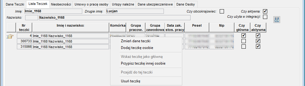 Zakładka Lista teczek Zakładka Lista teczek