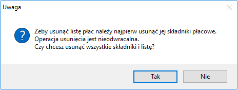 Komunikat przy usuwaniu listy płac