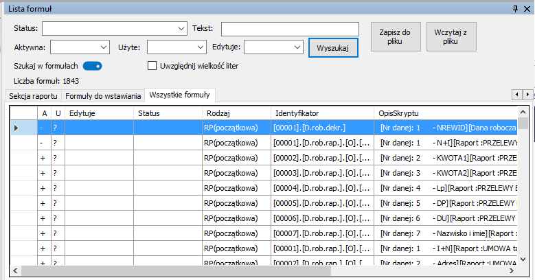 Fragment okna Lista formuł