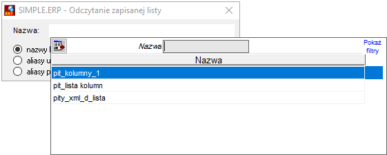 Okienko odczytu zapisanej listy kolumn