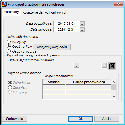 Zakładka Parametry raportu Zatrudnieni i zwolnieni Zakładka Parametry raportu Zatrudnieni i zwolnieni