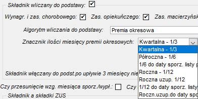 Edycja składników płacowych w trybie nadzorowanym->Obsługa ZUS – wybór znacznika ilości miesięcy dla premii okresowej
