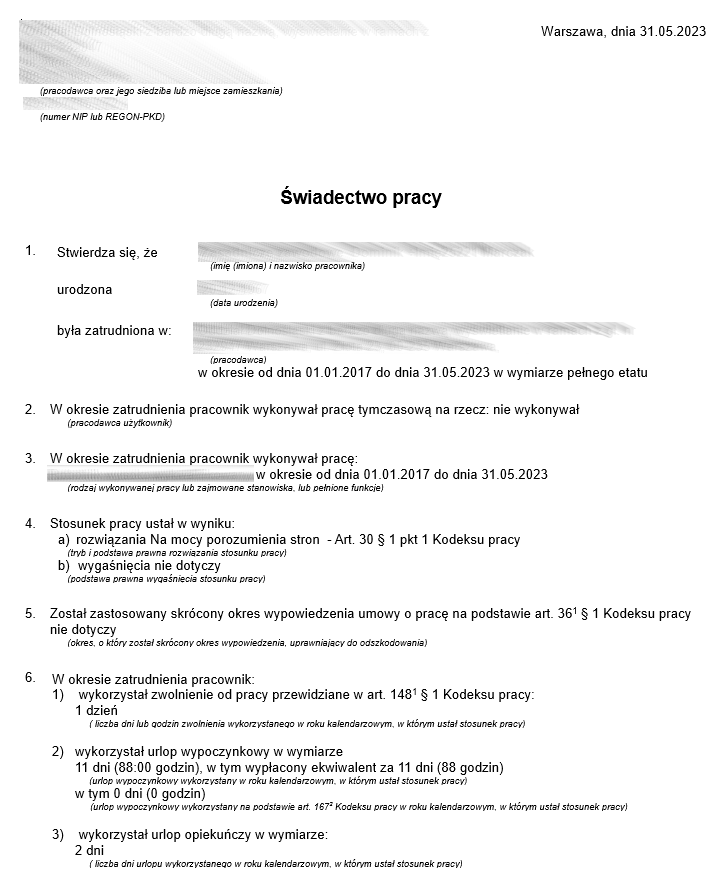 Świadectwo pracy w PDF