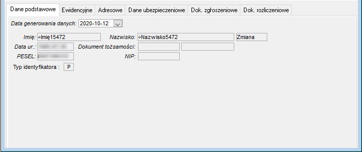 Okno Obsługa danych ubezpieczeniowych–>Dane podstawowe