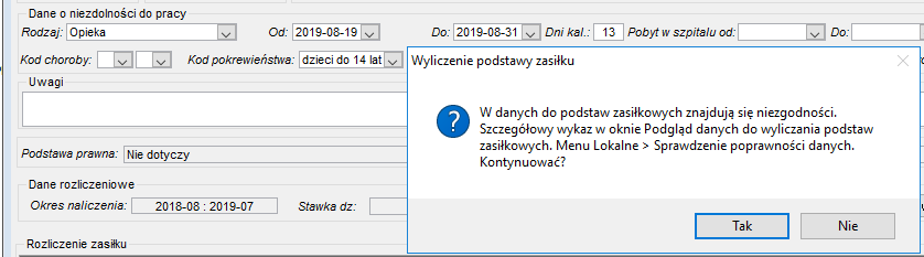 Komunikat o niezgodności danych do podstawy zasiłkowej